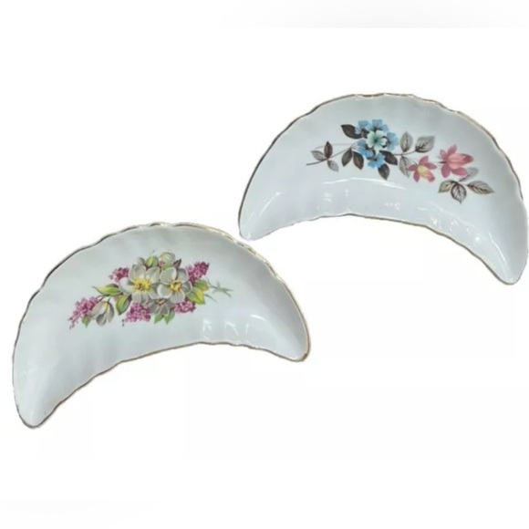 Vintage Bone Dish Crescent Moon Set 2 Chadwick Japan MCM Floral Gold Rim Witchy - Picture 9 of 13